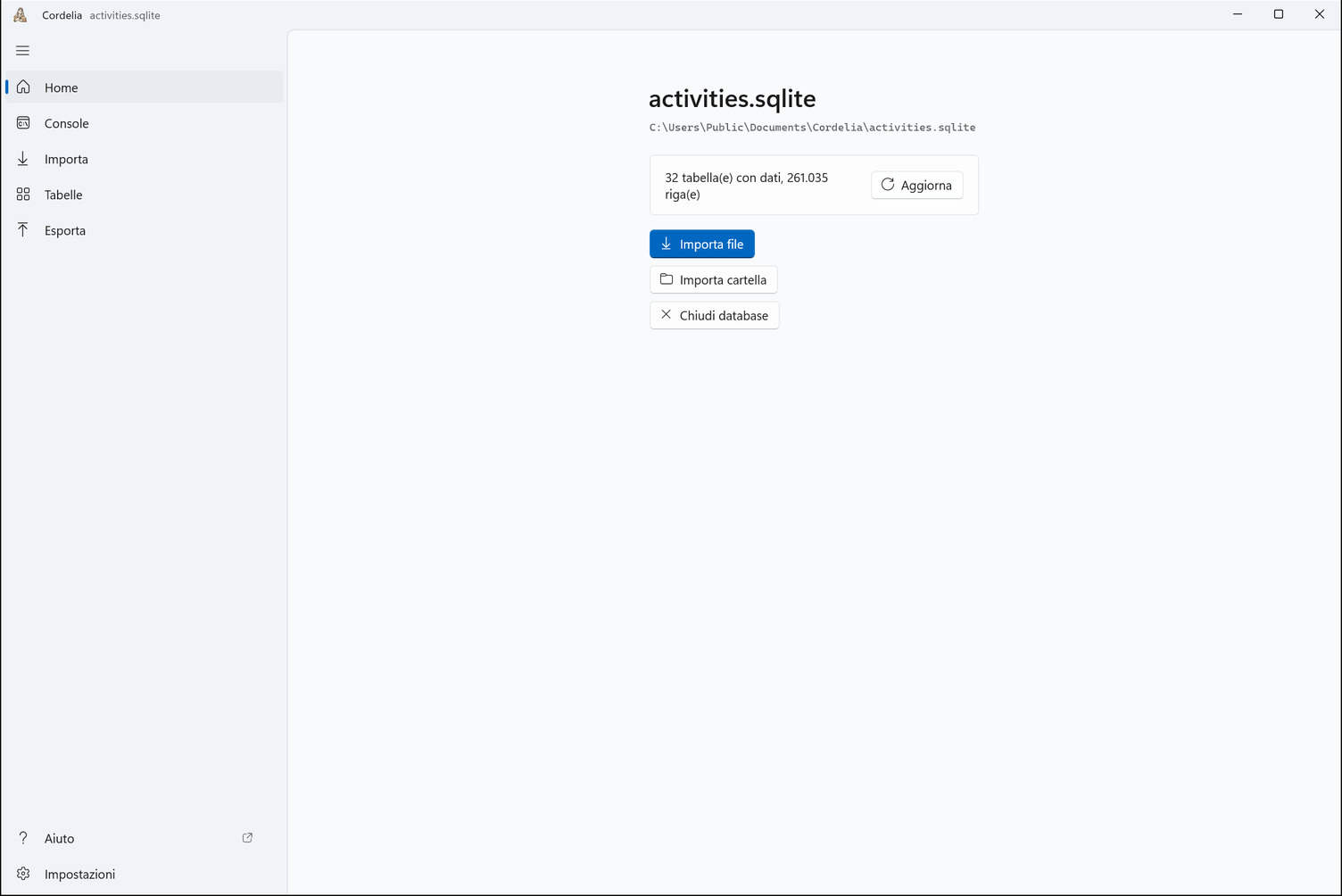 La Home con activities.sqlite aperto: la posizione del file, 32 tabelle con dati e 261.035 righe, e i pulsanti per importare e chiudere.
