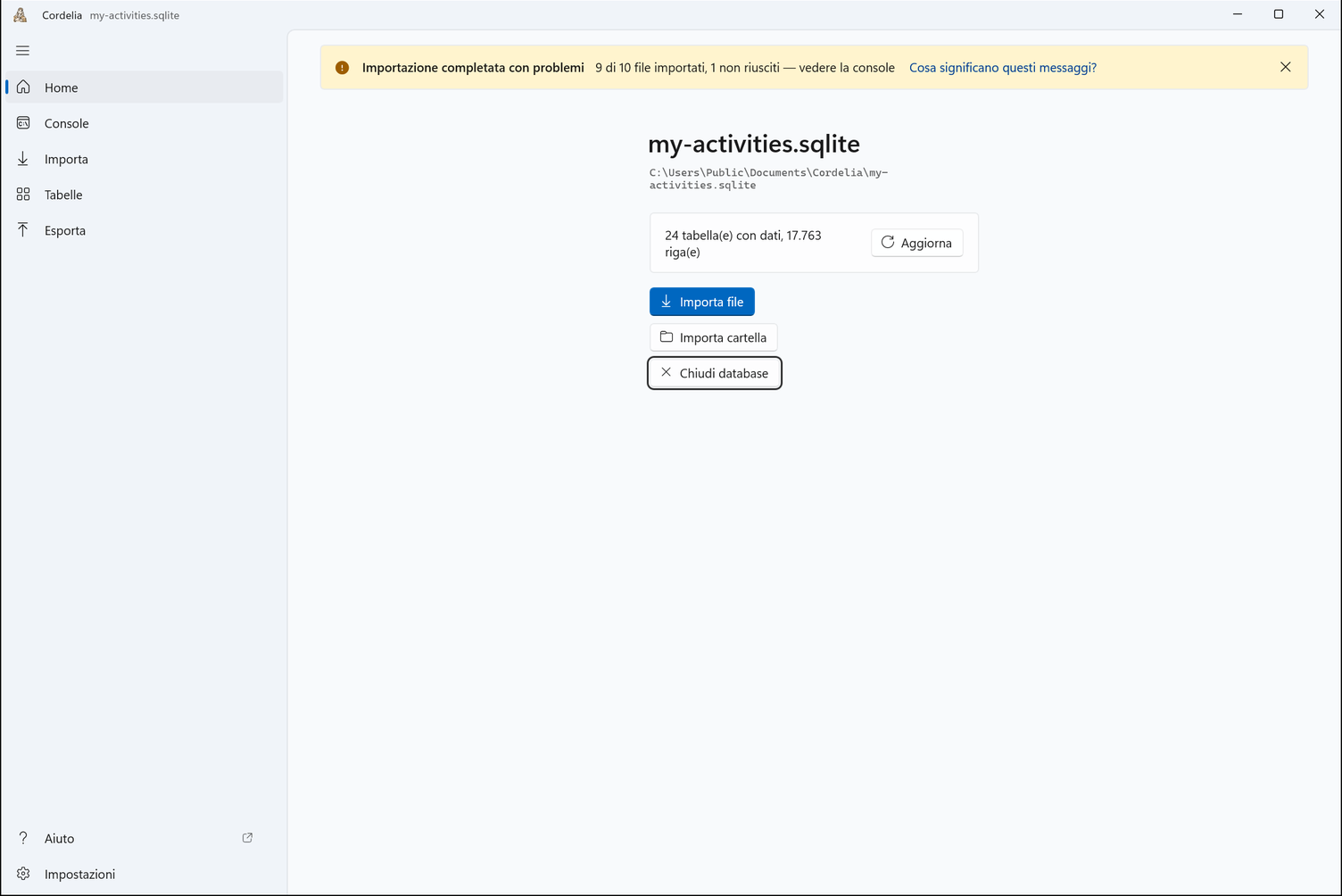 La Home dopo un'importazione, con un avviso giallo: Importazione completata con problemi, 9 di 10 file importati, 1 non riuscito.