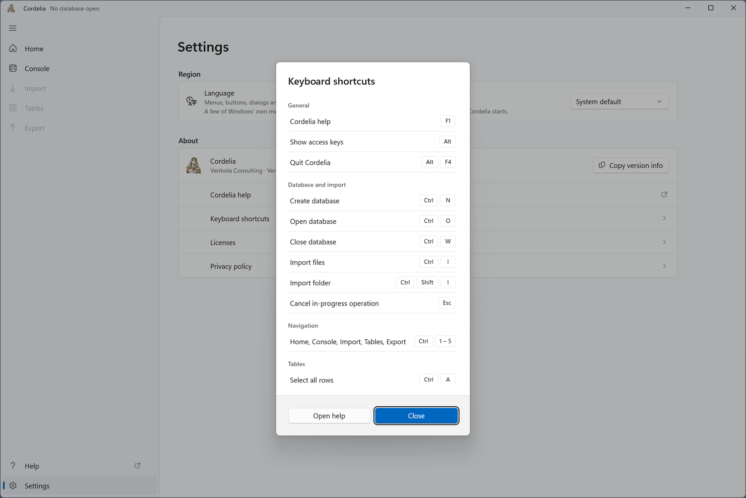 The Keyboard shortcuts dialog, listing General, Database and import, Navigation, and Tables shortcuts.