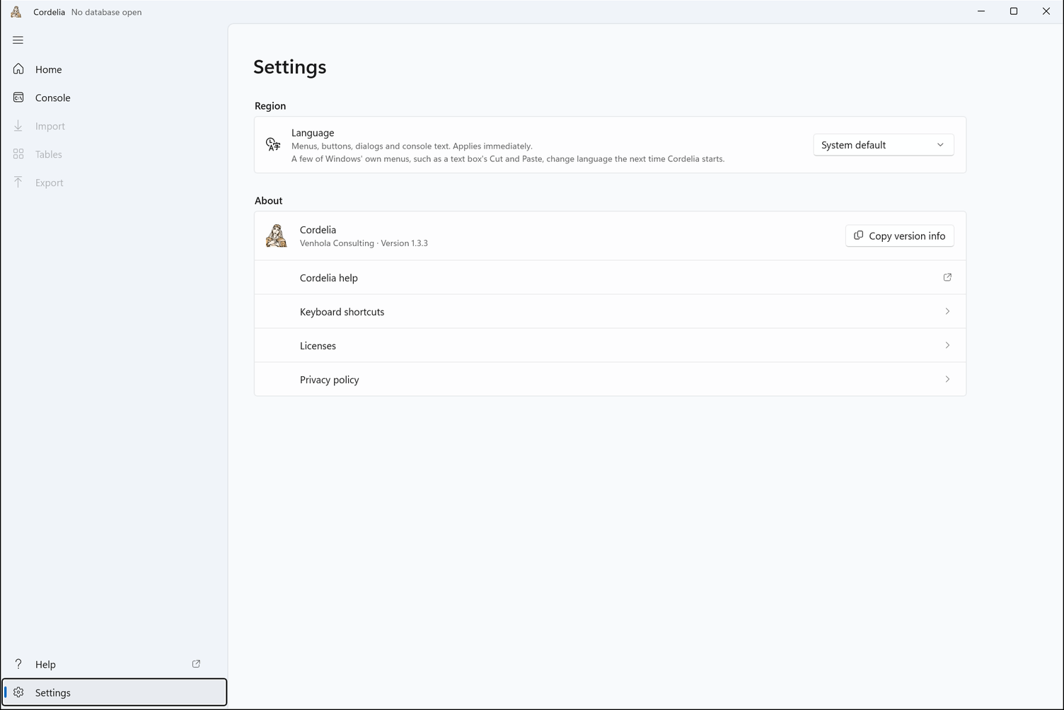 Settings, with the Language dropdown under Region and Cordelia's version under About.