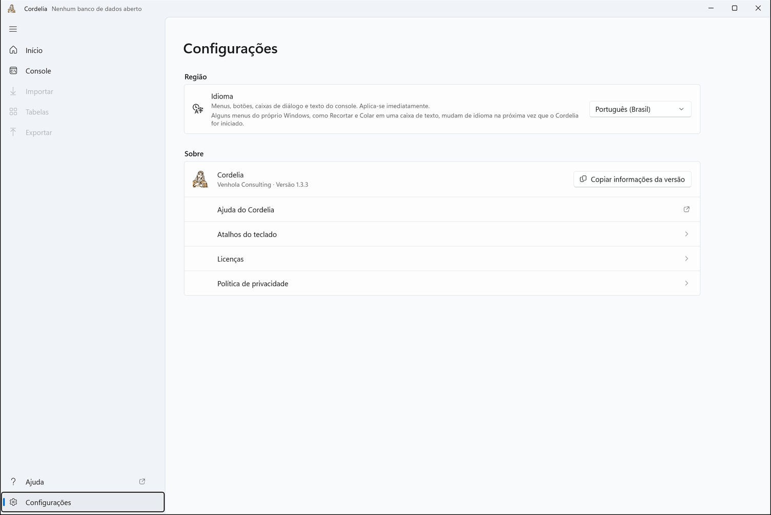 Configurações, com o editor e a versão do Cordelia em Sobre, um botão Copiar informações da versão e as linhas Ajuda do Cordelia, Atalhos do teclado, Licenças e Política de privacidade.