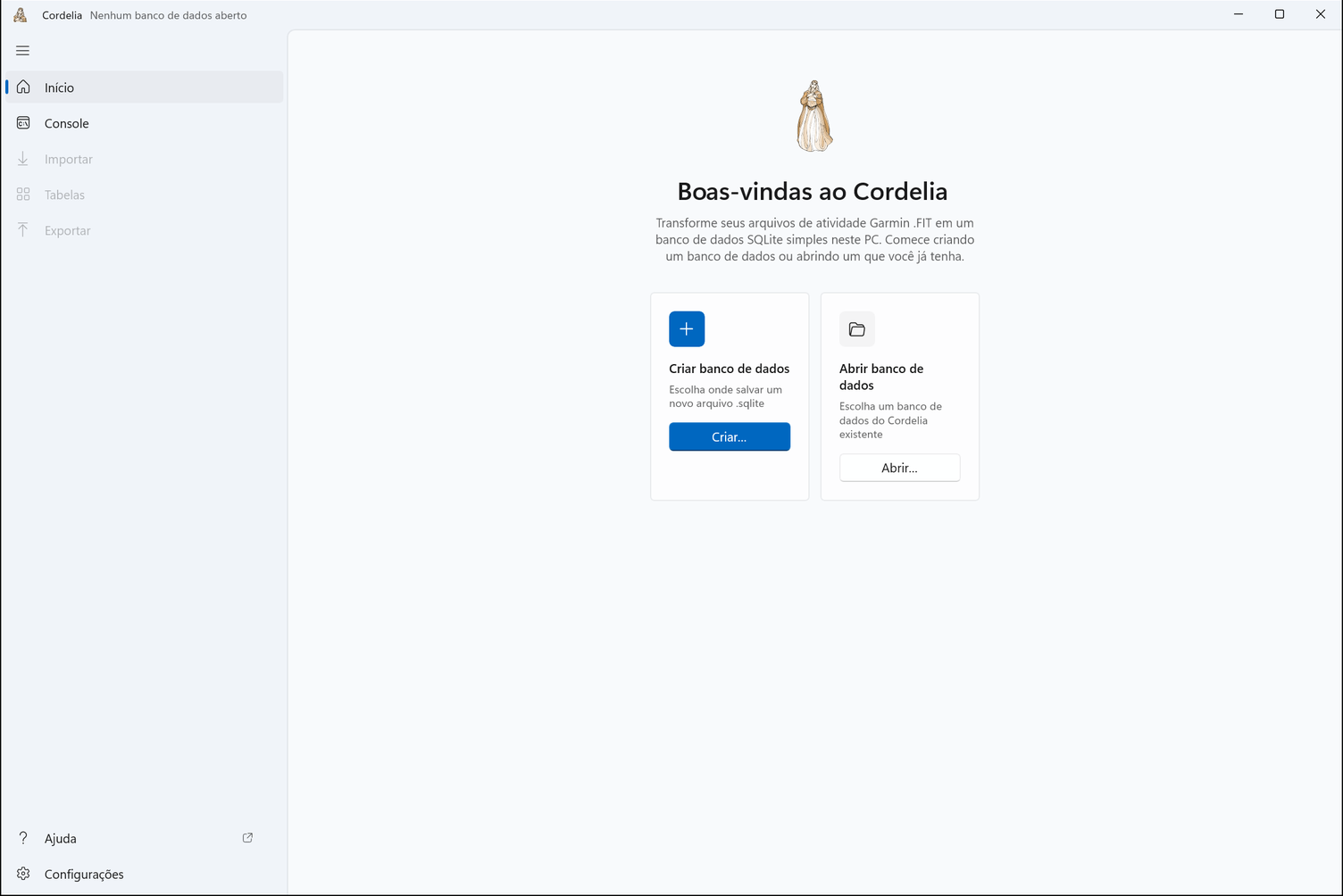 O Início sem nenhum banco de dados aberto, com os cartões Criar banco de dados e Abrir banco de dados.