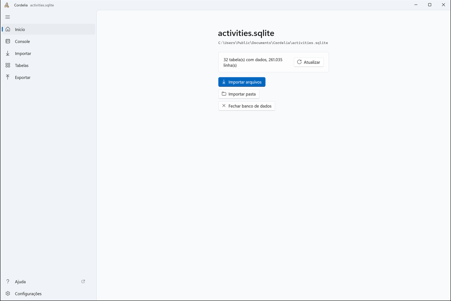 O Início com activities.sqlite aberto: o local do arquivo, 32 tabelas com dados e 261.035 linhas, e os botões para importar e fechar.