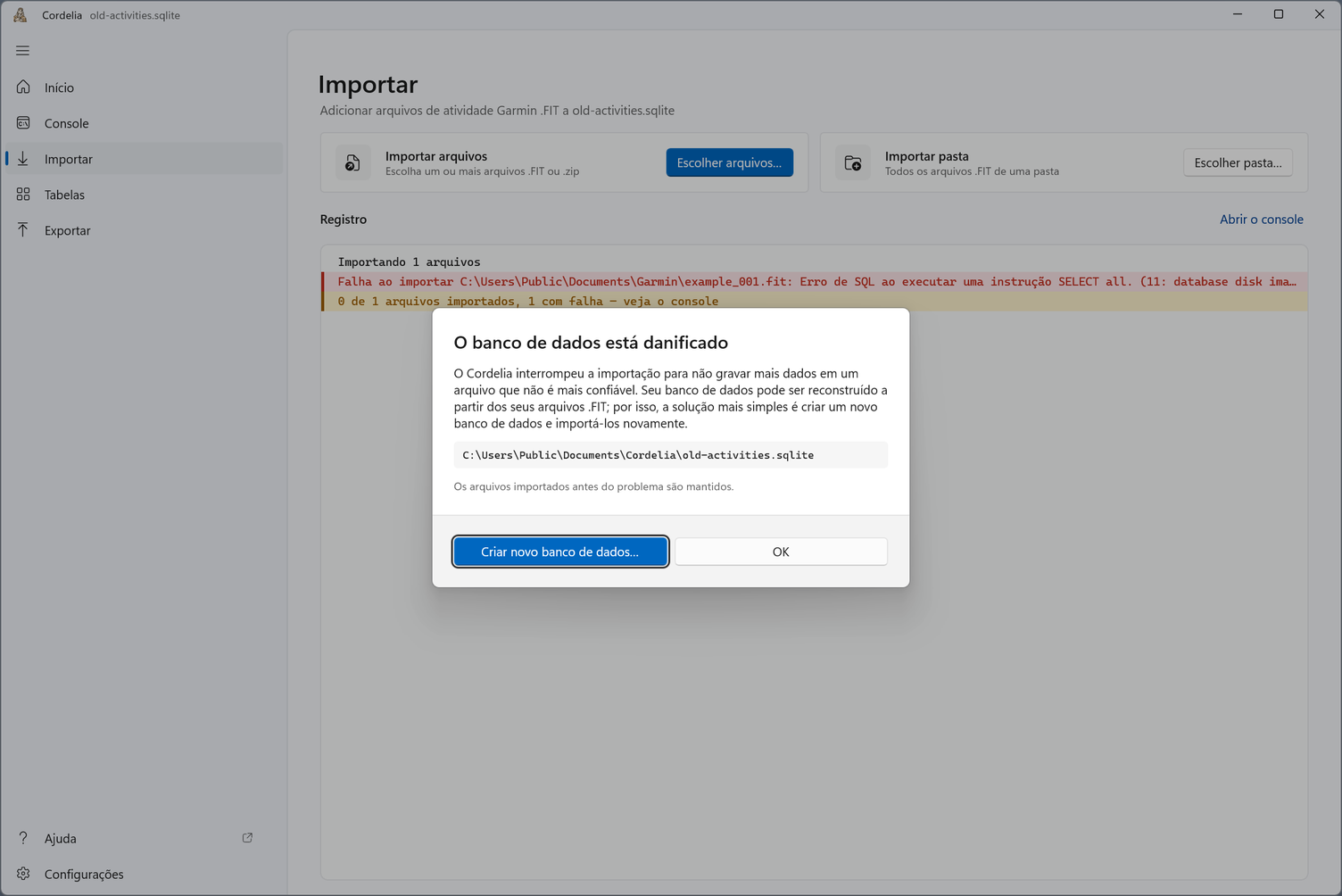 A caixa de diálogo O banco de dados está danificado, que mostra old-activities.sqlite, com os botões Criar novo banco de dados… e OK.