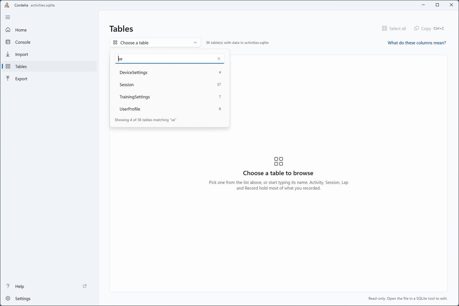 The table picker open with se typed, showing 4 of 36 tables: DeviceSettings, Session, TrainingSettings, and UserProfile.